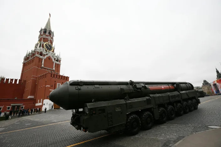 In this Tuesday, May 9, 2017 file photo, Russian Topol M intercontinental ballistic missile launcher rolls along Red Square during the Victory Day military parade to celebrate 72 years since the end of WWII.