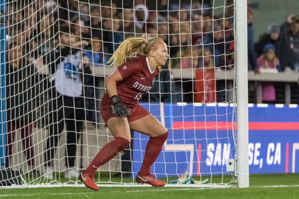 In a photo provided by Stanford Athletics, Stanford goalkeeper Katie Meyer guards the goal against North Carolina in the NCAA soccer tournament championship match Dec. 8, 2019, in San Jose, Calif. (AP)