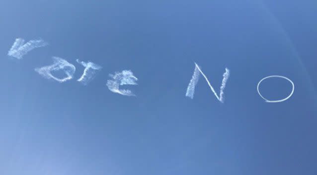 Last month, a skywriter was spotted writing 'Vote No' in the sky over Sydney in response to the campaign. Photo: Twitter