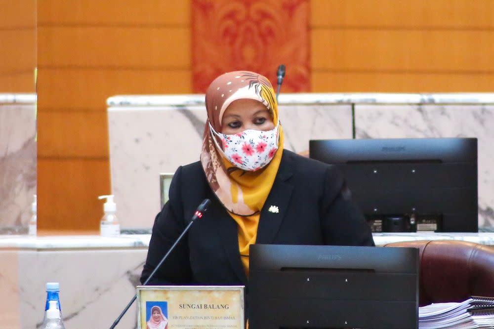 Johor exco Zaiton Ismail speaks at the state legislative assembly in Iskandar Puteri on September 7, 2021 — Picture courtesy of the Johor state govt