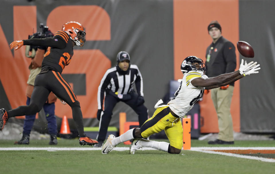 Pittsburgh Steelers wide receiver Johnny Holton (80) makes a diving attempt at the goal line but can't hang on to the ball during the second half of an NFL football game against the Cleveland Browns, Thursday, Nov. 14, 2019, in Cleveland. (AP Photo/Ron Schwane)