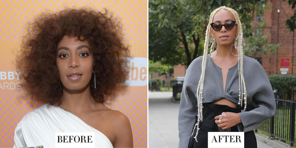 <p><strong>When:</strong> 12 September</p><p><strong>Style change: </strong>Solange ditched her natural curls and debuted new bleach blonde braids at the Maryam Nassir Zadeh fashion show.</p>