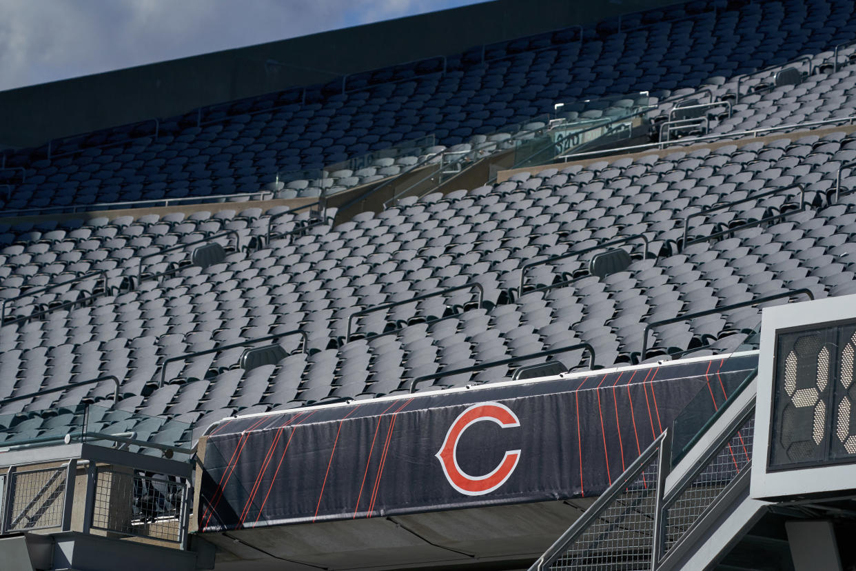 CHICAGO, IL - OCTOBER 04: A detail view of a Chicago Bears banner is seen hanging in an empty Soldier Field in game action during a NFL game between the Chicago Bears and the Indianapolis Colts on October 4th, 2020, at Soldier Field in Chicago, IL.  (Photo by Robin Alam/Icon Sportswire via Getty Images)