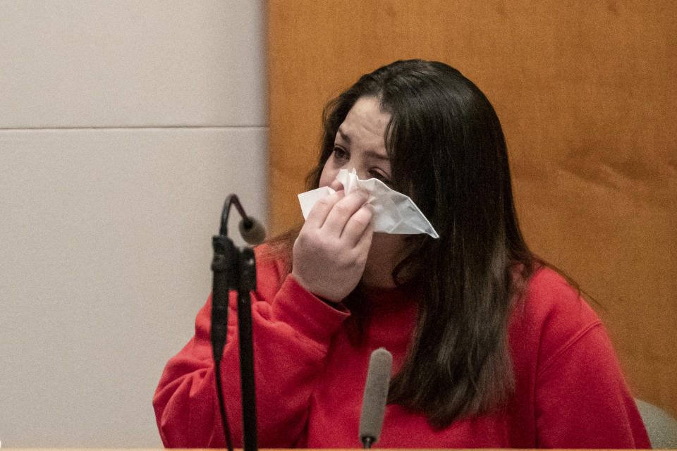 Kayla Montgomery testifies during the trial of Adam Montgomery at Hillsborough County Superior Court in Manchester, N.H, on Friday, Feb. 9, 2024. Adam Montgomery is accused of killing his 5-year-old daughter and spending months moving her body before disposing of it. (Jeffrey Hastings/Pool Photo via AP)