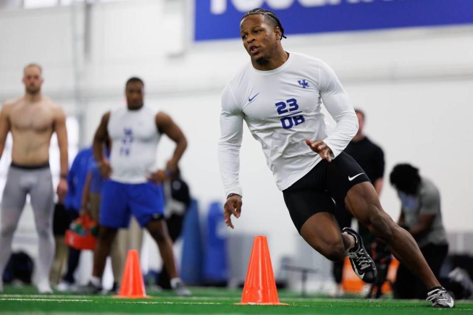 Kentucky’s Andru Phillips works out at the program’s Pro Day on Friday. The Athletic now ranks Phillips as a top-70 prospect in the 2024 NFL draft.