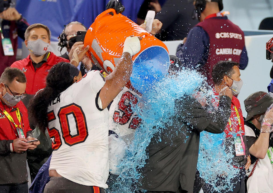 TAMPA, FLORIDA - FEBRUARY 07: Head coach Bruce Arians of the Tampa Bay Buccaneers has Gatorade dumped on him after winning Super Bowl LV against the Kansas City Chiefs at Raymond James Stadium on February 07, 2021 in Tampa, Florida. The Buccaneers defeated the Chiefs 31-9. (Photo by Kevin C. Cox/Getty Images)