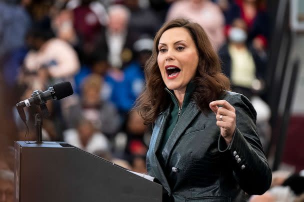 PHOTO: Michigan Governor Gretchen Whitmer speaks to a crowd at Renaissance High School during a campaign rally for Michigan Democrats ahead of the midterm elections on October 29, 2022 in Detroit, Michigan. (Matthew Hatcher/Getty Images)