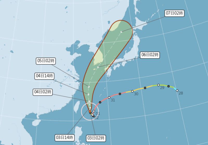 ▲軒嵐諾颱風緩慢往北移動，氣象局已發布陸上颱風警報，提醒新北市、宜蘭市及基隆市要留意暴風圈帶來的風雨威脅。（圖／翻攝中央氣象局官網）