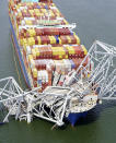 In this aerial image released by the Maryland National Guard, the cargo ship Dali is stuck under part of the structure of the Francis Scott Key Bridge after the ship hit the bridge, Tuesday, March 26, 2024, in Baltimore. (Maryland National Guard via AP)