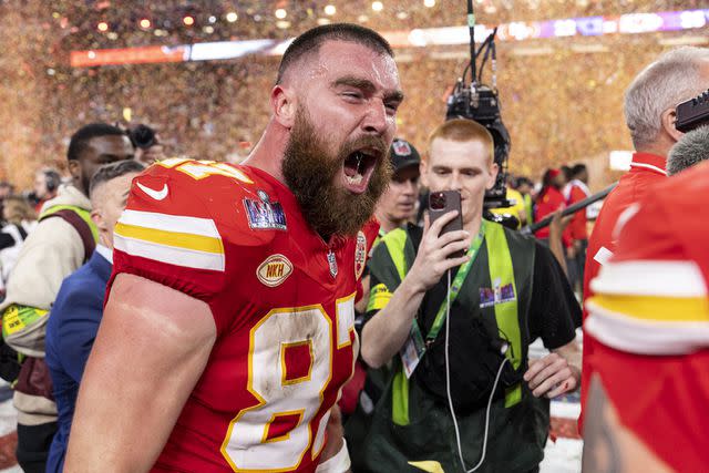 <p>Michael Owens/Getty Images</p> Travis Kelce of the Kansas City Chiefs at the 2024 Super Bowl.