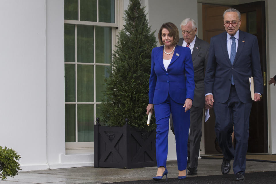 House Speaker Nancy Pelosi of Calif., left, followed by Senate Minority Leader Chuck Schumer of N.Y., right, and House Majority Leader Steny Hoyer of Md., arrive to speak with reporters after a meeting with President Donald Trump at the White House, Wednesday, Oct. 16, 2019, in Washington. (AP Photo/Alex Brandon)