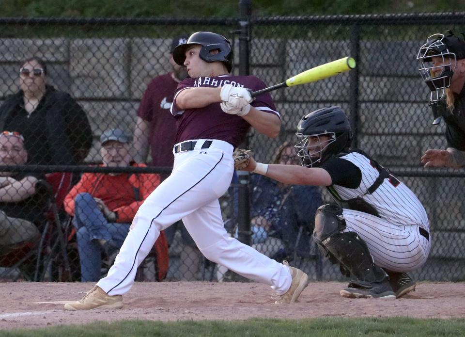 Harrison's Michael Olsey connects during a game at Mamaroneck April 16, 2024. Harrison won 10-3.