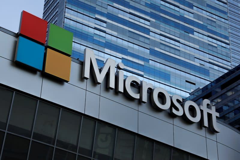 The Microsoft sign is shown on top of the Microsoft Theatre in Los Angeles, California