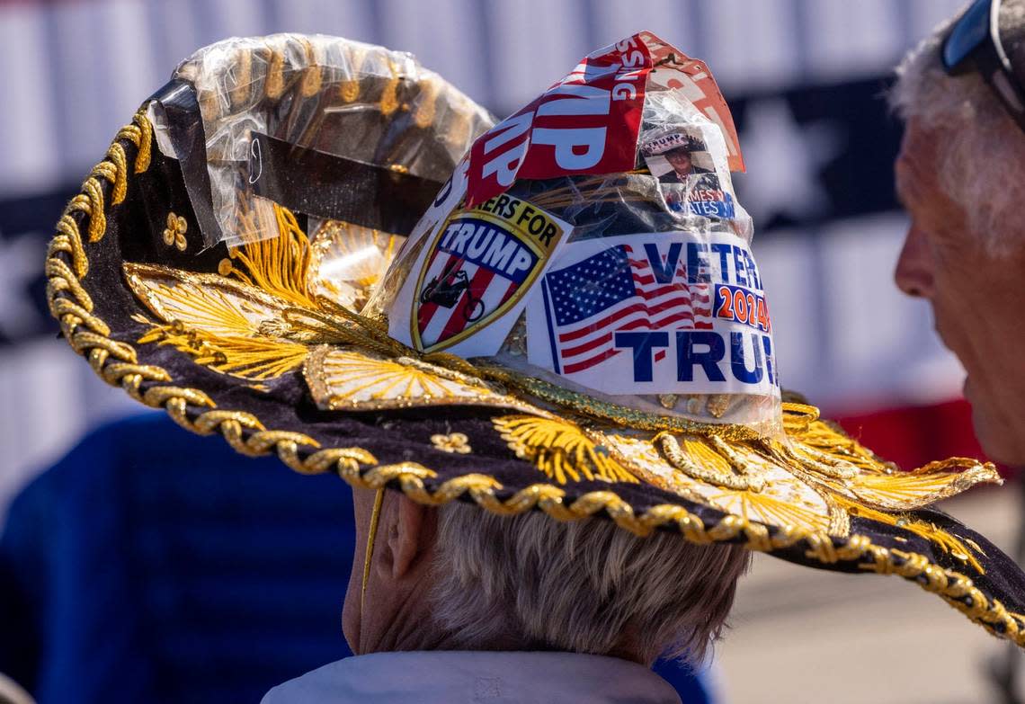 A man wears a sombrero prior to a rally featuring former president Donald Trump, at Wilmington International Airport Friday, Sept. 23, 2022.