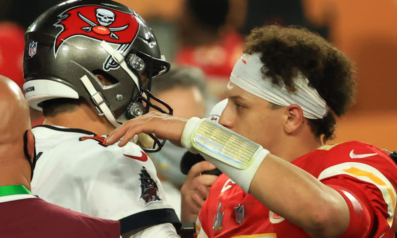 Patrick Mahomes and Tom Brady share a moment.