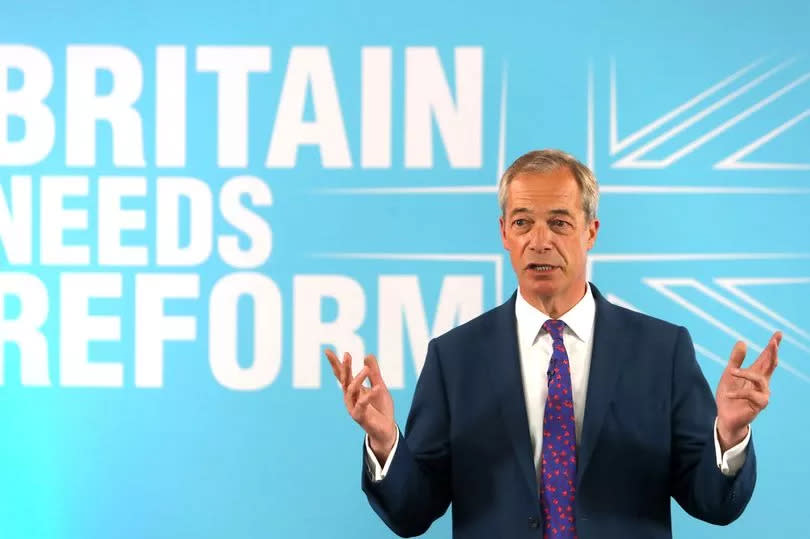 Reform UK Leader Nigel Farage speaks as he launches 'Our Contract with You' general election manifesto on June 17, 2024 in Merthyr Tydfil