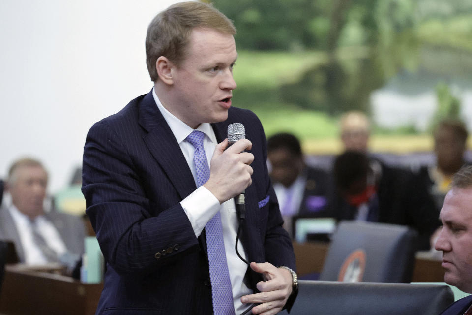 Rep. Destin Hall, R-Caldwell, speaks as lawmakers debate over redistricting bills at the Legislative Building, Tuesday, Oct. 24, 2023, in Raleigh, N.C. (AP Photo/Chris Seward)