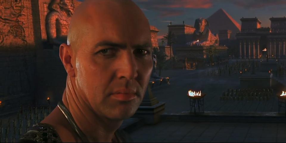 Imhotep is shown on a backdrop of an ancient Egyptian city.