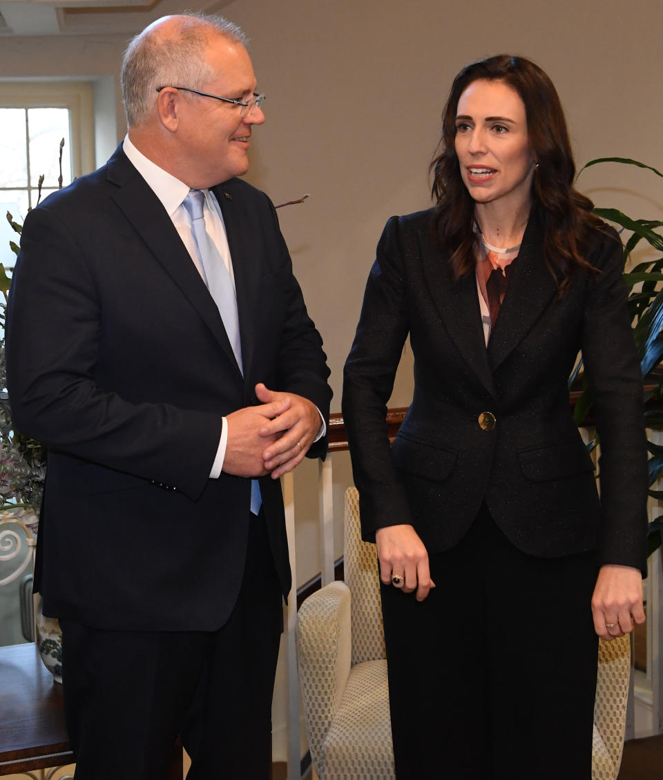 MELBOURNE, AUSTRALIA - JULY 19: Prime Minister of Australia Scott Morrison (left) and Prime Minister of New Zealand Jacinda Ardern are seen at at 4 Treasury Place in Melbourne, Friday, July 19, 2019.  (Photo by Julian Smith-Pool/Getty Images)