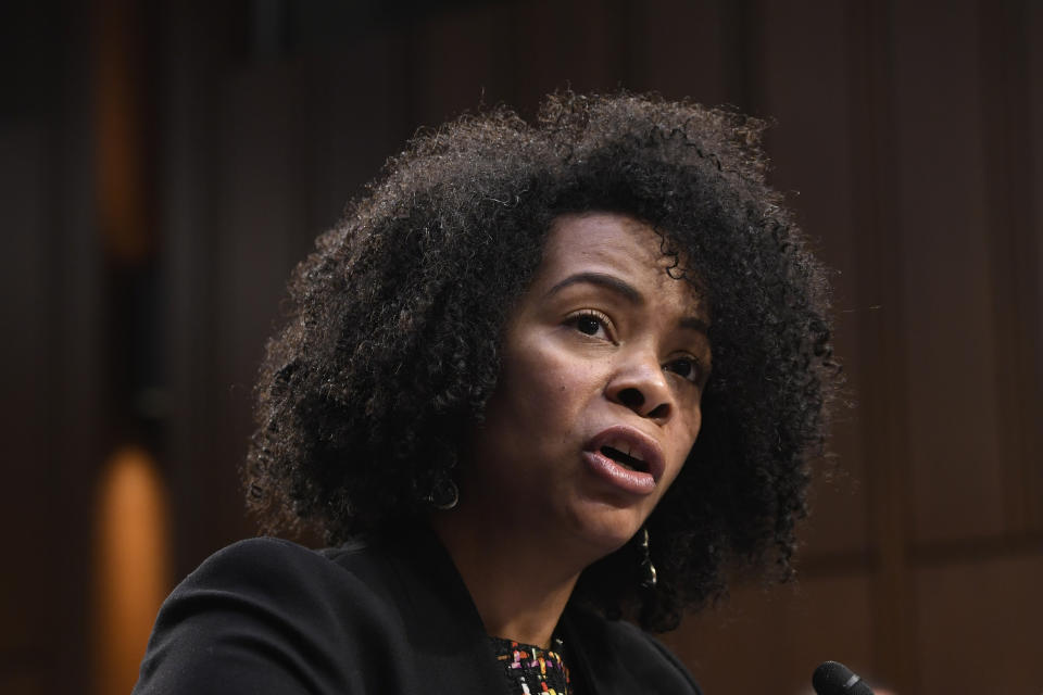 FILE - U.S. Center for SafeSport Chief Executive Officer Ju'Riese Colón testifies during a Senate Commerce, Science, and Transportation Committee hearing on Capitol Hill in Washington, Wednesday, Feb. 5, 2020, titled, "Athlete Safety and the Integrity of U.S. Sport." Established six years ago to create accountability in the aftermath of sex-abuse scandals in Olympic sports that landed USA Gymnastics doctor Larry Nassar in prison, the SafeSport center's mandate covers not only the elite facilities molding the nation's top athletes but also grassroots clubs that form the backbone of the Olympic system. (AP Photo/Susan Walsh, File)