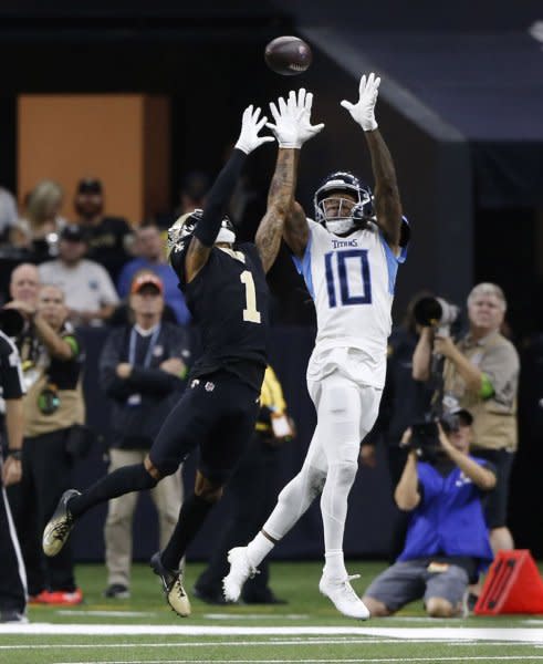 Tennessee Titans wide receiver DeAndre Hopkins (10) totaled four catches for 60 yards in Week 9 and scored three touchdowns in Week 8. File Photo by AJ Sisco/UPI