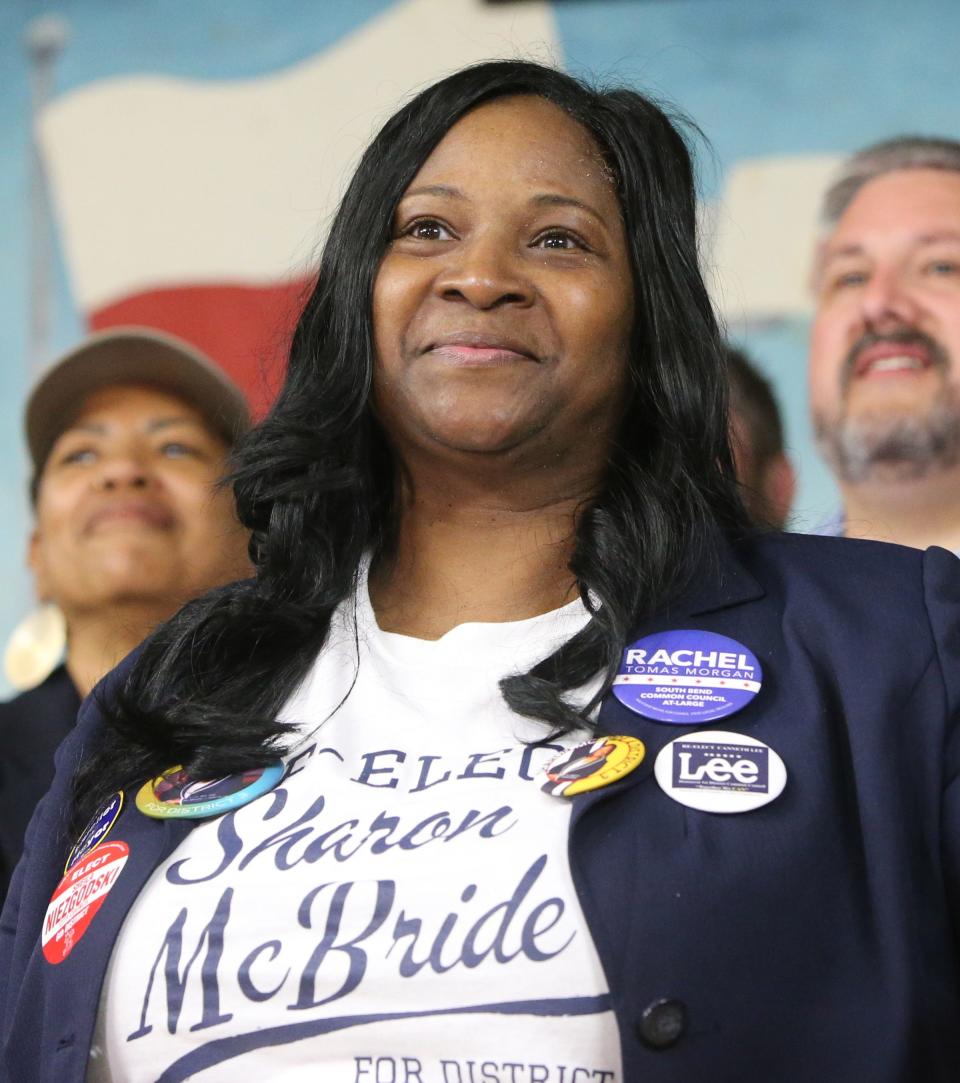 Sharon McBride, 3rd District member of the South Bend Common Council, waves Monday, April 10, 2023, at the Dyngus Day celebration at the West Side Democratic Club in South Bend.