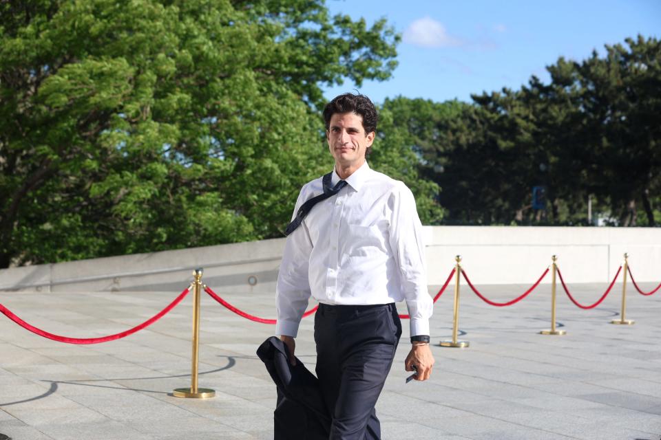 Jack Schlossberg, grandson of President John F. Kennedy, arrives to the 2024 Profile in Courage Award ceremony at the John F. Kennedy Presidential Library in Boston, June 9, 2024.