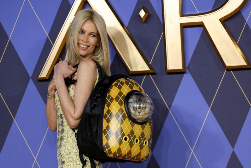 Claudia Schiffer carries a cat as she attends the premiere of 'Argylle' at Leicester Square (REUTERS)