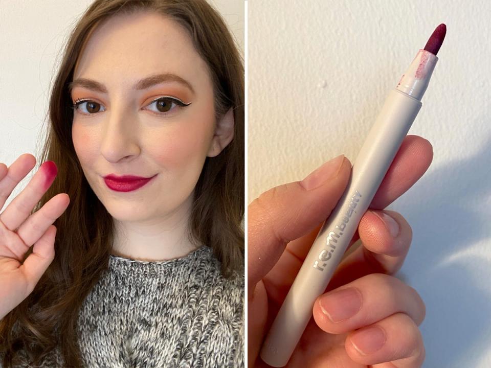 Insider reporter Amanda Krause wears the REM Beauty lip stain (left), and the product (right).