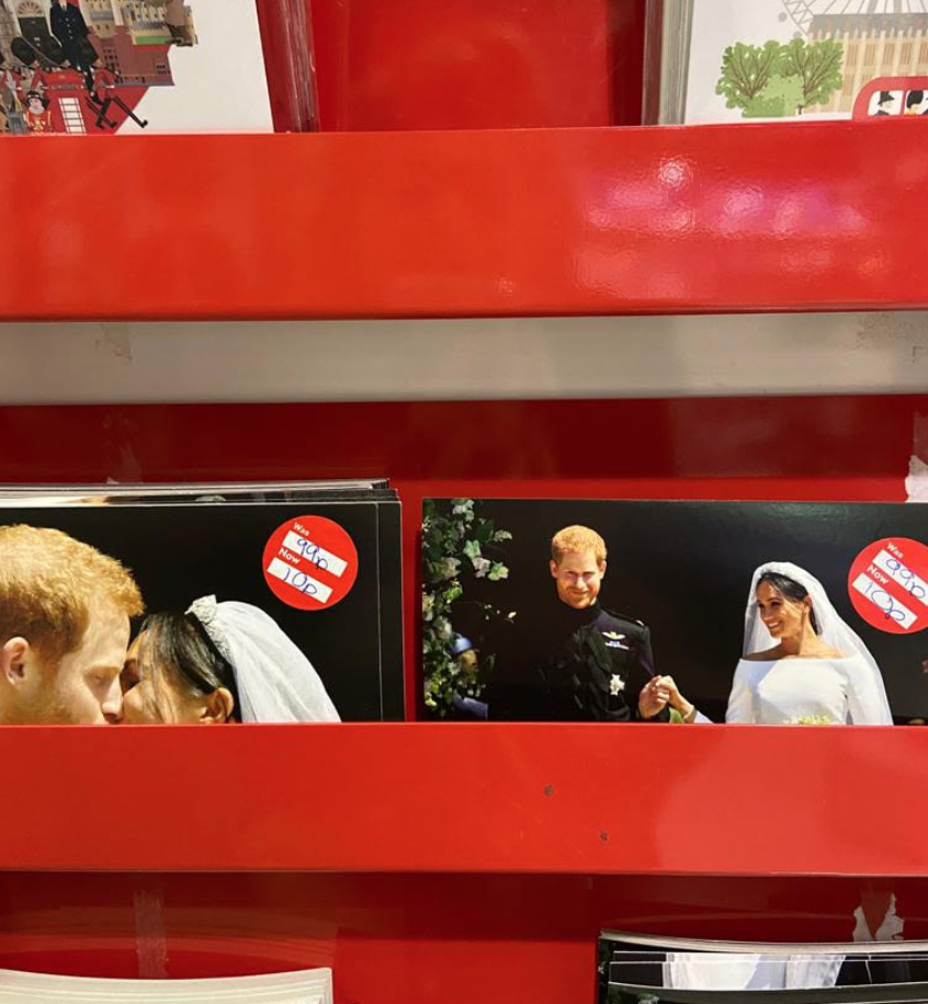 Harry and Meghan postcards reduced to clear at Heathrow Airport. (Yahoo News UK)