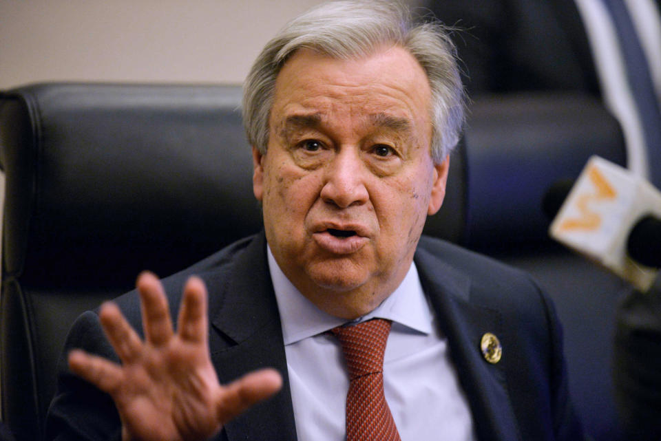 United Nations Secretary-General Antonio Guterres speaks during a press conference in Addis Ababa on Feb. 8, 2020. (MICHAEL TEWELDE / AFP - Getty Images)
