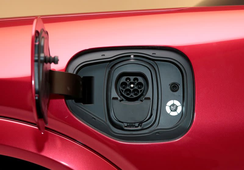 FILE PHOTO: The charging socket is seen on Ford Motor Co's all-new electric Mustang Mach-E vehicle during a photo shoot at a studio in Warren, Michigan