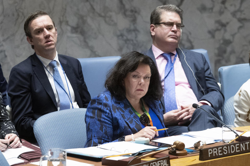 British Ambassador to the United Nations Karen Elizabeth Pierce listens to speakers during a meeting on the Middle East, including the Palestinian question, Wednesday, Nov. 20, 2019 at United Nations headquarters. (AP Photo/Mary Altaffer)