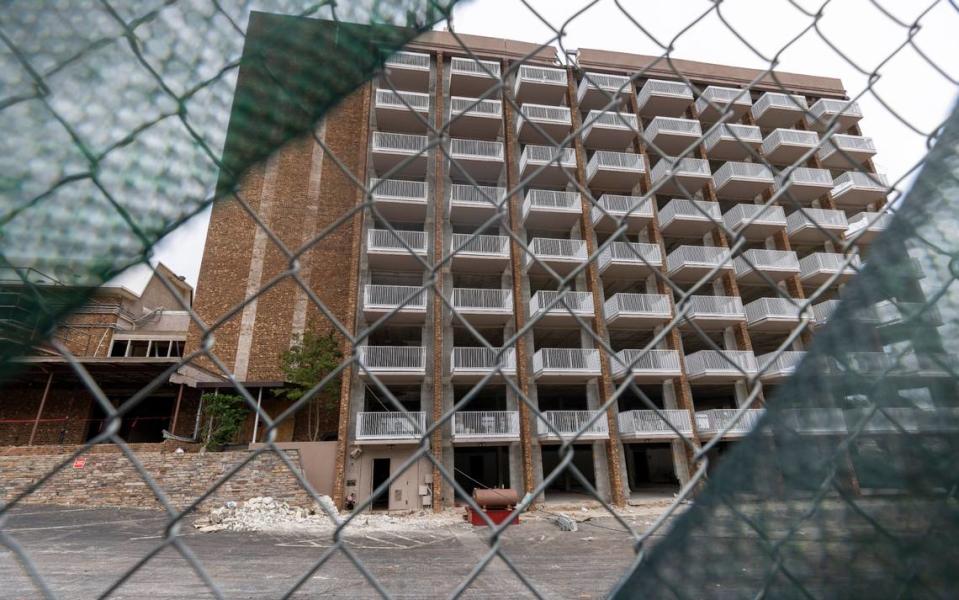 The DoubleTree hotel at 1707 Hillsborough Street is being demolished to make way for new N.C. State student housing on Friday, September 29, 2023 in Raleigh, N.C. Originally constructed as a Holiday Inn in 1966, the hotel was also named The Brownstone for a period of time.