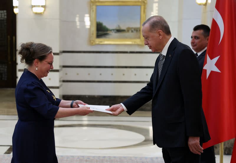 Turkish President Erdogan receives the letter of credence from Israel's new ambassador to Ankara Irit Lillian