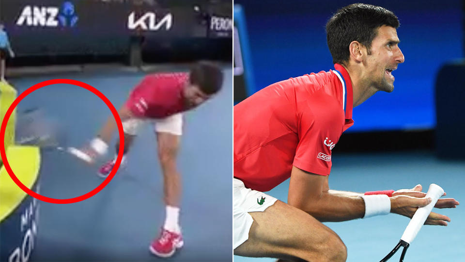 Novak Djokovic can be seen smashing a racquet here in Serbia's ATP Cup tie against Germany.