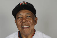 FILE - This is a 2020 photo of Tony Oliva, formerly of the Minnesota Twins baseball team, on Thursday, Feb. 20, 2020, in Fort Myers, Fla. Oliva will be inducted into the Baseball Hall of Fame during ceremonies on Sunday, July 24, 2022. (AP Photo/Brynn Anderson, File)