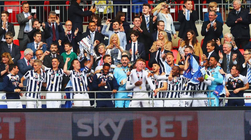 Millwall celebrate winning the League One play-off final 