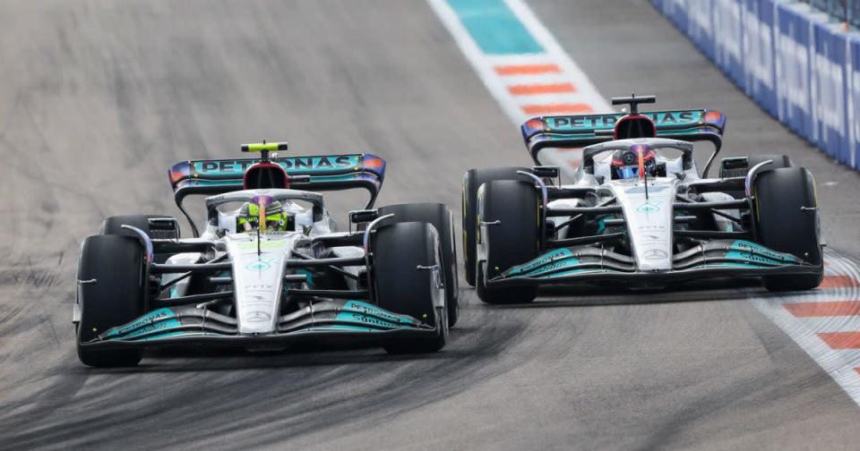 Mercedes pair Lewis Hamilton racing George Russell. Miami May 2022 Credit: PA Images