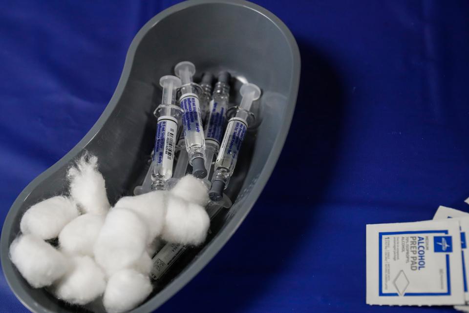 Flu vaccines sit in a pan at the Children's Museum of Indianapolis in Indianapolis, Thursday, October 1, 2020. The museum partnered with Riley's Children's at Indiana University Health to give the first 500 people a free flu shot. 