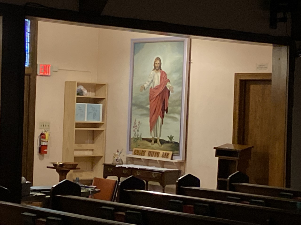 This restored painting, from the New Bridgeville fire, hangs today just off the sanctuary at Water’s Edge United Methodist Church in Craley.