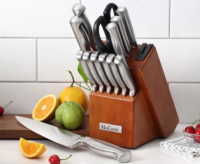 McCook® Kitchen Knife Sets, Golden Titanium Stainless Steel Knives Block Set  with Built-in Sharpener - Yahoo Shopping