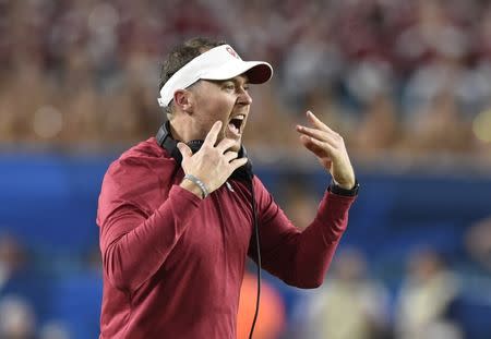 FILE PHOTO: Dec 29, 2018; Miami Gardens, FL, USA; Oklahoma Sooners head coach Lincoln Riley reacts after an Oklahoma touchdown against the Alabama Crimson Tide during the third quarter of the 2018 Orange Bowl college football playoff semifinal game at Hard Rock Stadium. Mandatory Credit: John David Mercer-USA TODAY Sports - 11916299