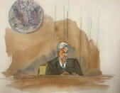 In this courtroom sketch, Judge Richard M. Berman speaking as he denies Jeffrey Epstein bail during a hearing in federal court, Thursday, July 18, 2019 in New York. Judge Berman denied bail for the jailed financier on sex trafficking charges, saying the danger to the community that would result if the jet-setting defendant was free formed the "heart of this decision." (Aggie Kenny via AP)