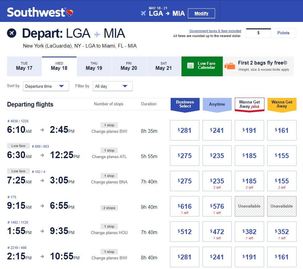 Southwest flight prices between LaGuardia Airport in New York, and Miami International Airport for one adult passenger from May 18-21.