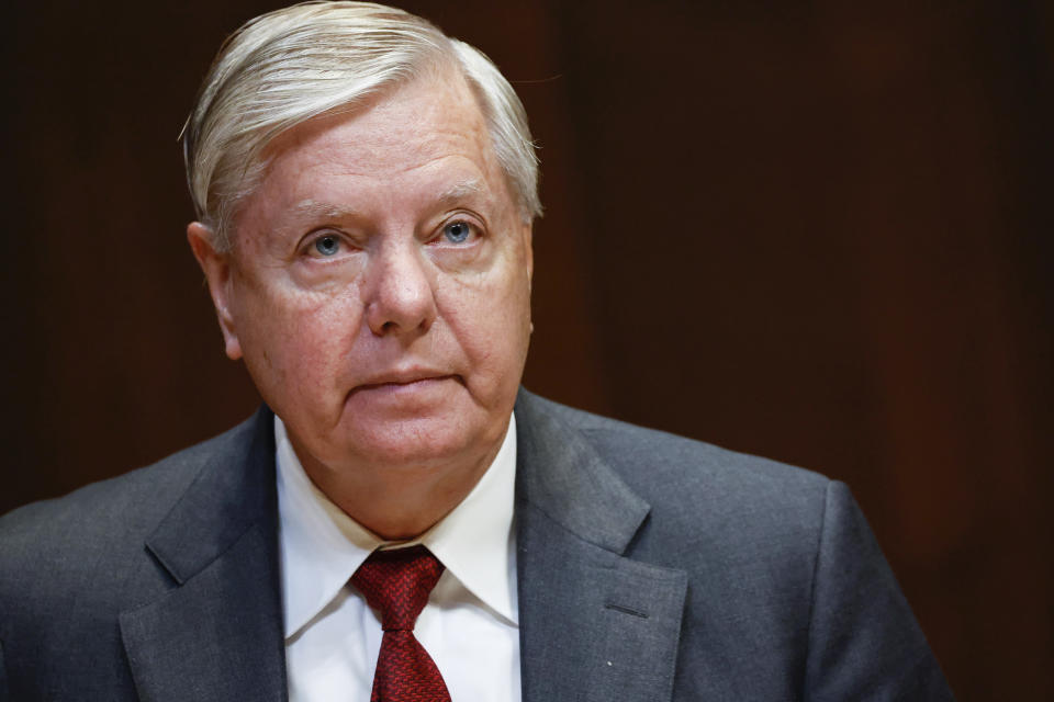 Sen. Lindsey Graham, R-S.C., listens during a Senate Appropriations Subcommittee hearing on the fiscal year 2023 budget for the FBI in Washington, DC on Wednesday, May 25, 2022. (Ting Shen/Pool Photo via AP)