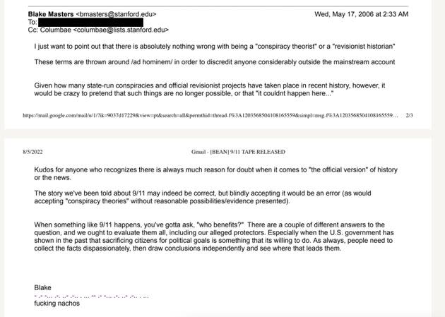 In a 2006 message to a college group email list, Blake Masters indicated an openness to 9/11 conspiracy theories. (Photo: Columbae listserv)