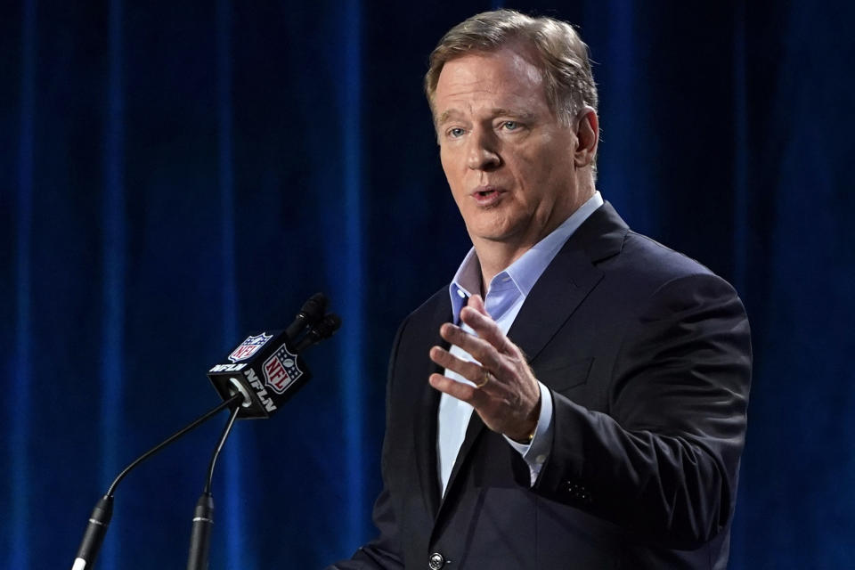 FILE - In this Jan. 29, 2020, file photo, NFL Commissioner Roger Goodell answers a question during a news conference for the NFL Super Bowl 54 football game in Miami. The NFL is partnering with three non-profit, non-partisan organizations to get out the vote as the league leverages its “Inspire Change” initiative. The program will support and encourage voting and civic engagement efforts of current and former NFL players, club and league personnel and fans beginning Friday, Aug. 7, 2020, until Election Day in November. (AP Photo/David J. Phillip, File)