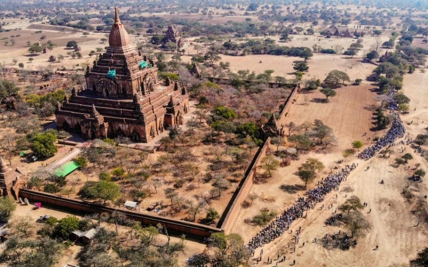 Protesters pack the road leading to a Unesco World Heritage site in Bagan - STR/AFP/Getty