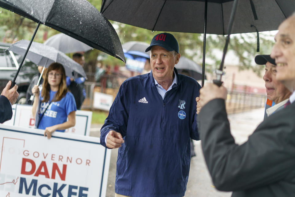 Rhode Island Gov. Dan McKee speaks to supporters after casting his vote in the state's primary election at the Community School, Tuesday, Sept. 13, 2022, in Cumberland, R.I. (AP Photo/David Goldman)